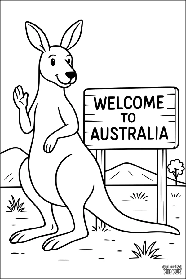 Coloring page featuring a waving kangaroo next to a welcome to Australia sign
