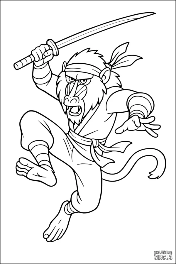 Coloring page of a cartoon baboon in karate outfit with headband, leaping and holding a sword
