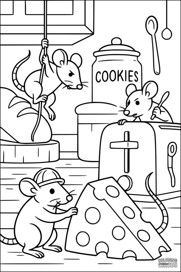 Coloring page showing cartoon rats playing in a kitchen with cheese and cookies
