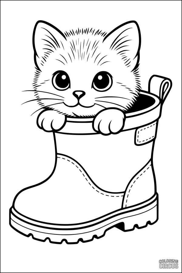 Coloring page of a cute kitten peeking out of a large boot