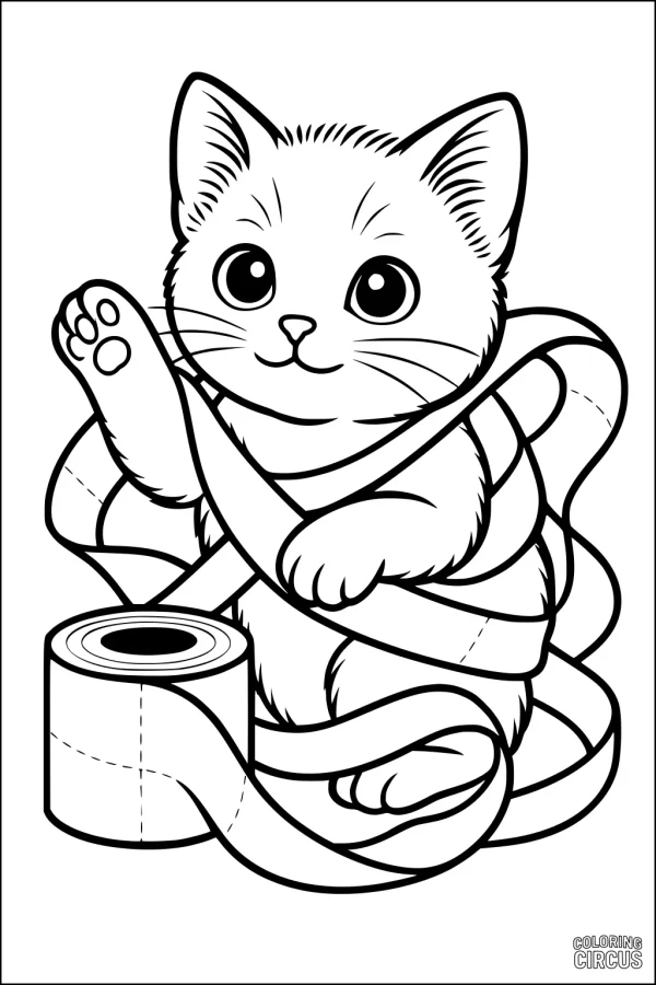 Coloring page of a cute kitten wrapped in a roll of paper, perfect for kids
