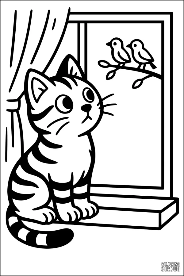 Coloring page showing a cute striped cat sitting by a window and looking at two birds on a branch outside