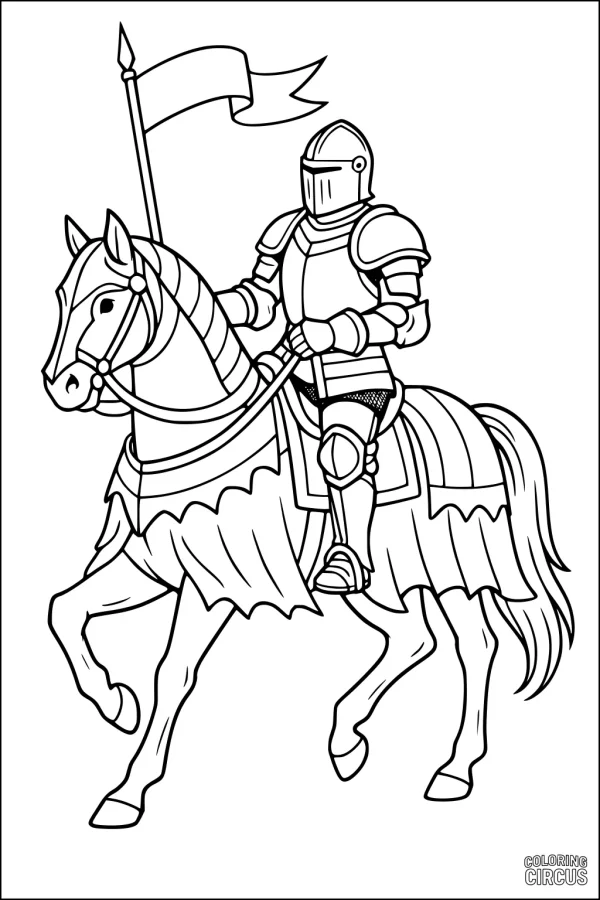 Coloring page featuring a knight in armor riding a decorated horse with a banner