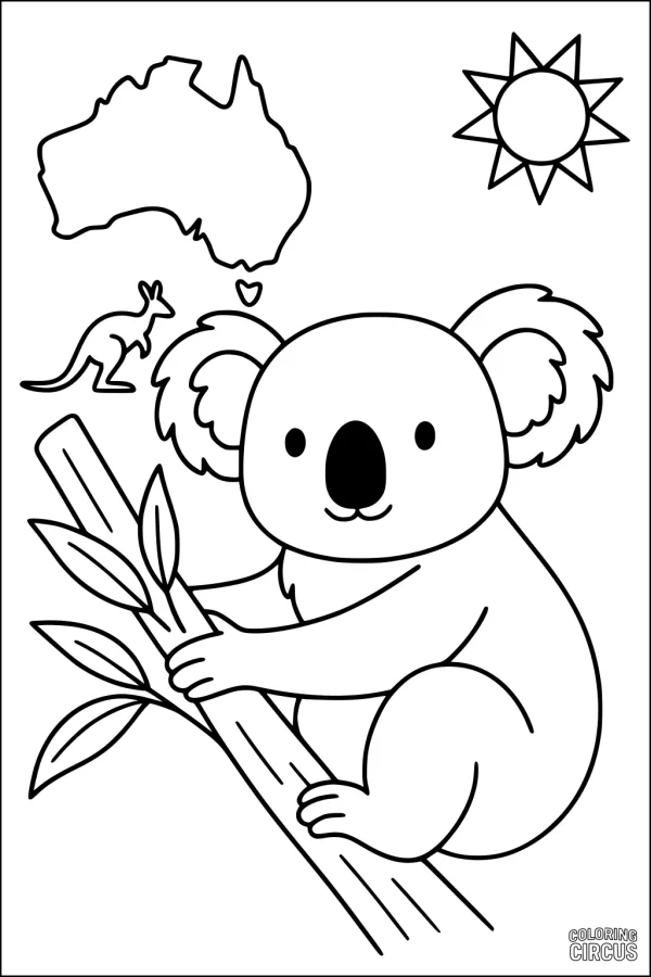 Coloring page featuring a cute koala sitting on a tree with a sun, Australia map, and kangaroo outline