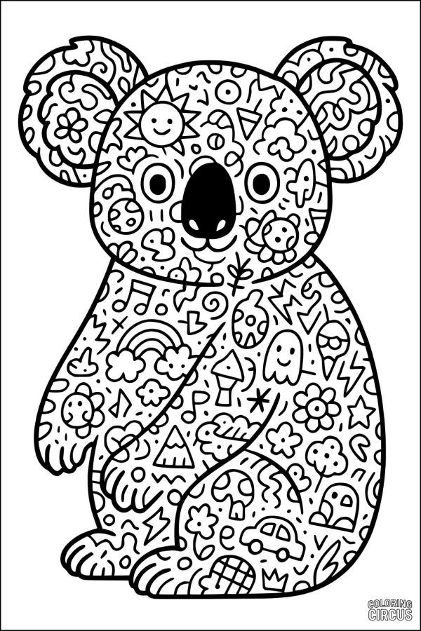 Coloring page featuring a doodle-filled cartoon koala with whimsical patterns, shapes, and friendly faces