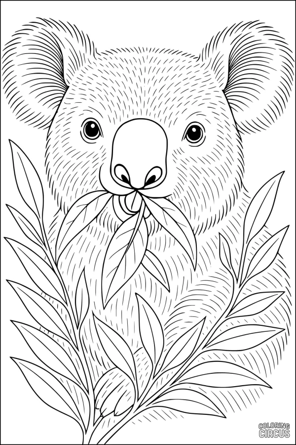 Coloring page of a koala eating eucalyptus leaves among branches