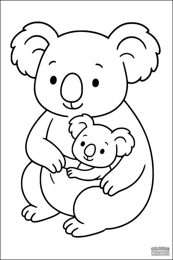 Coloring page featuring a cute mother koala hugging her baby joey