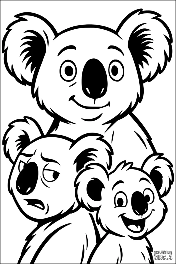 Coloring page with three cartoon koalas showing different expressions