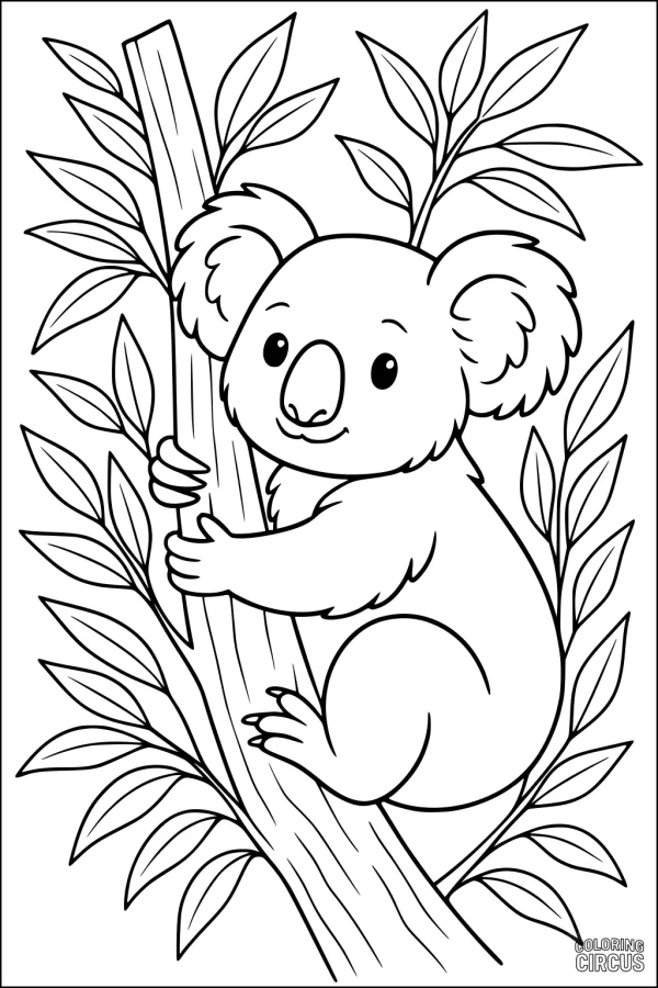 Coloring page showing a cute koala hugging a tree with leafy eucalyptus branches