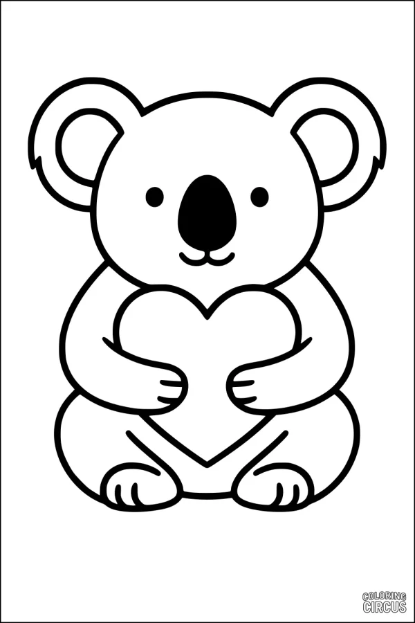 Coloring page of a cute koala holding a heart, perfect for children and preschoolers.