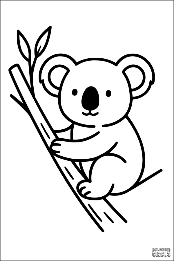 Coloring page featuring a cute koala sitting on a tree branch with simple lines