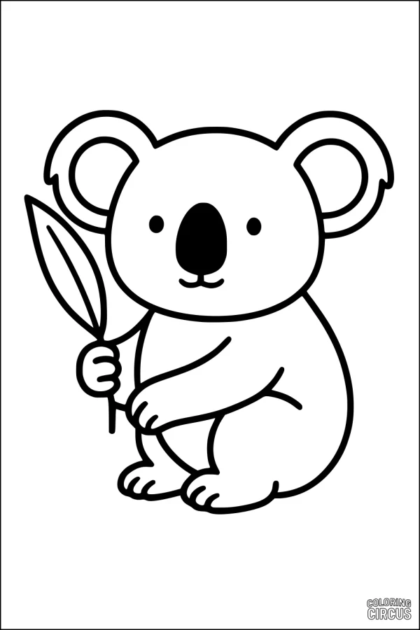 Coloring page showing a cute koala holding a eucalyptus leaf, perfect for children