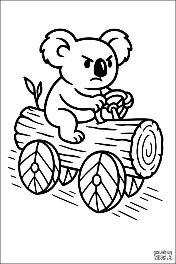 Coloring page koala driving a log-shaped car with leaf wheels for kids