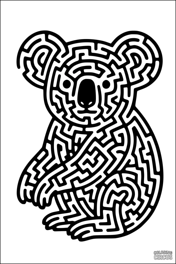 Coloring page featuring a maze in the shape of a cute koala for kids