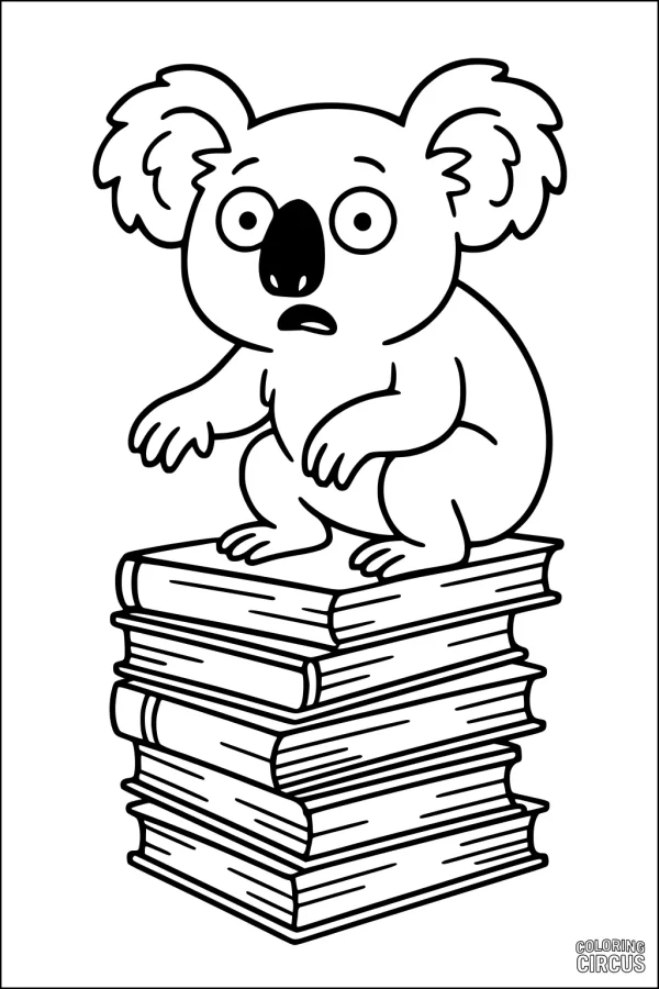 Coloring page featuring a cartoon koala sitting on a tall stack of books