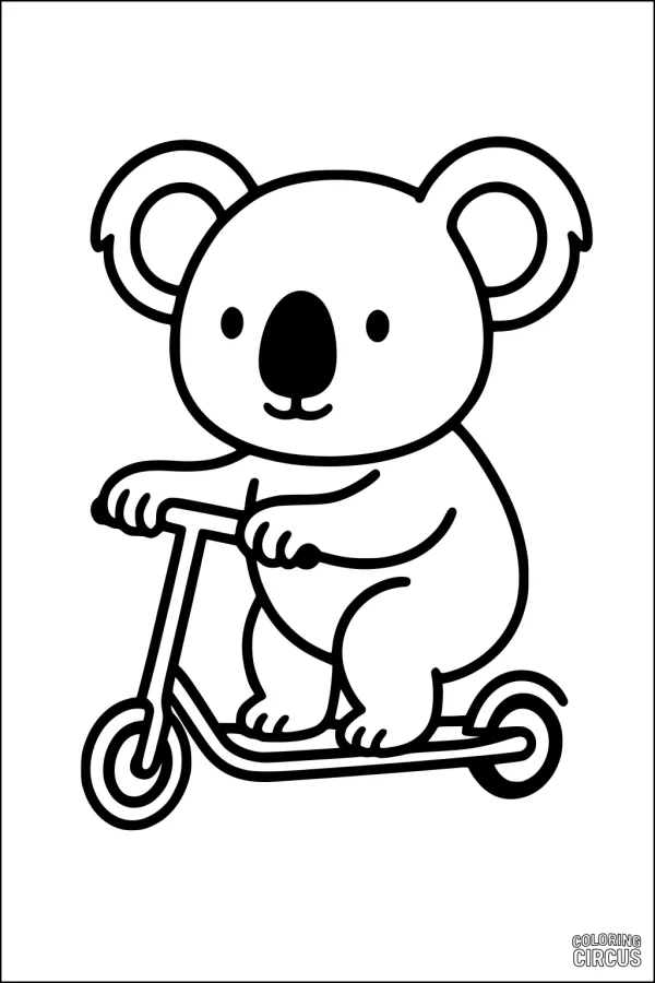Coloring page of a cute koala riding a scooter, perfect for young children
