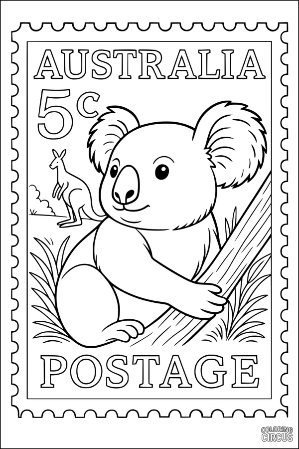 Coloring page featuring a cute koala on an Australian postage stamp with a kangaroo in the background
