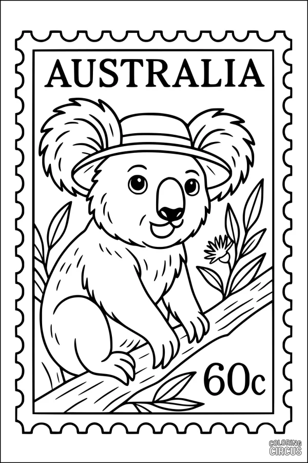 Coloring page featuring a friendly koala with a hat sitting on a tree branch inside an Australian postage stamp border