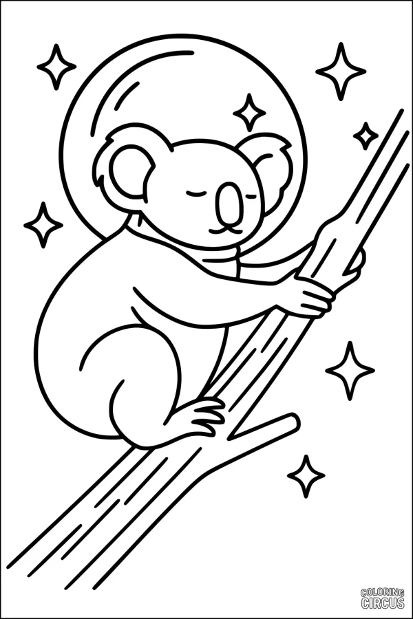 Coloring page featuring a koala sleeping on a tree branch with stars in the background