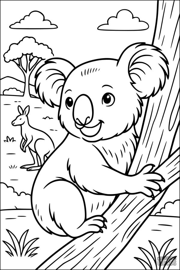 Coloring page of a smiling koala in a tree with a kangaroo and Australian landscape in the background
