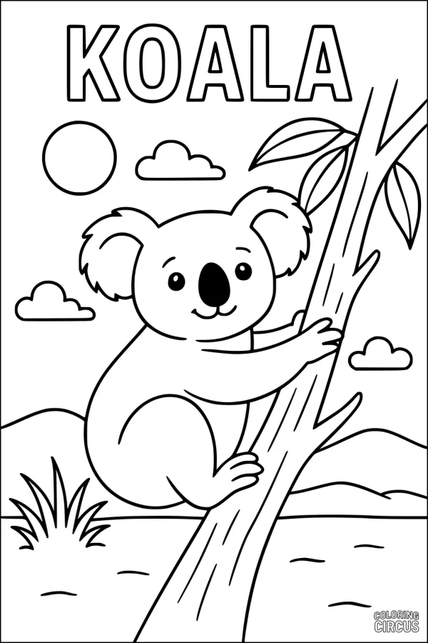 Coloring page of a cute koala sitting on a eucalyptus tree surrounded by clouds, sun, grass, and hills