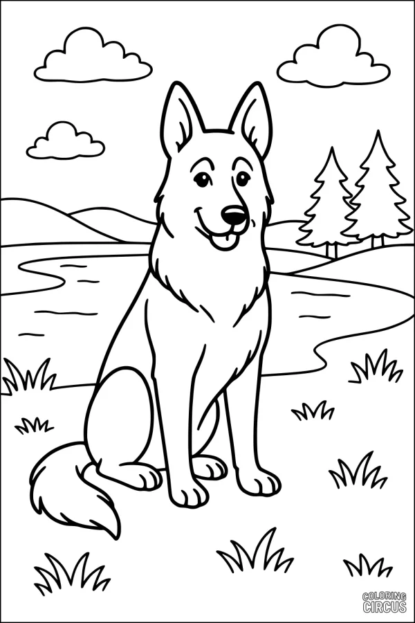 Coloring page of friendly dog sitting by lake with trees and clouds