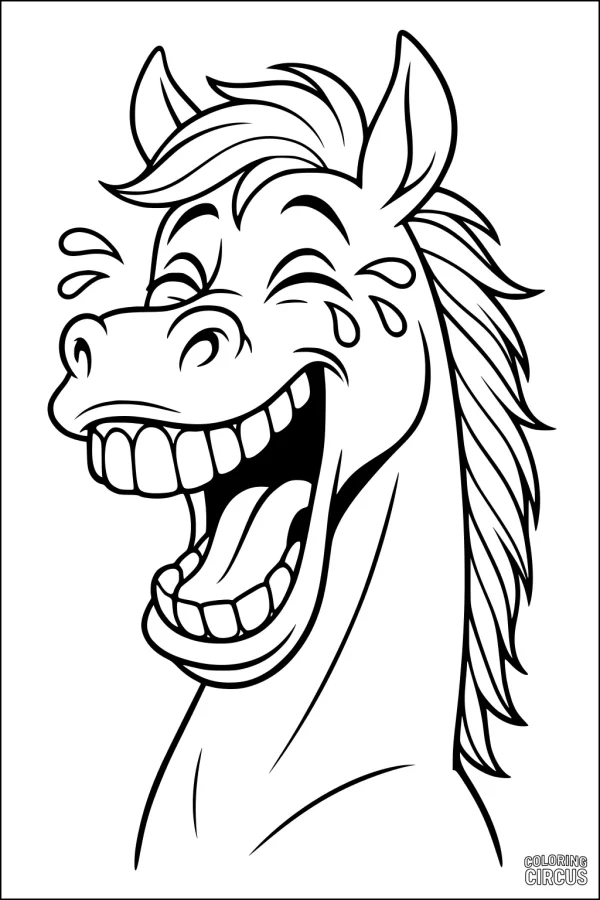 Coloring page of a cartoon horse laughing with open mouth and cheerful expression