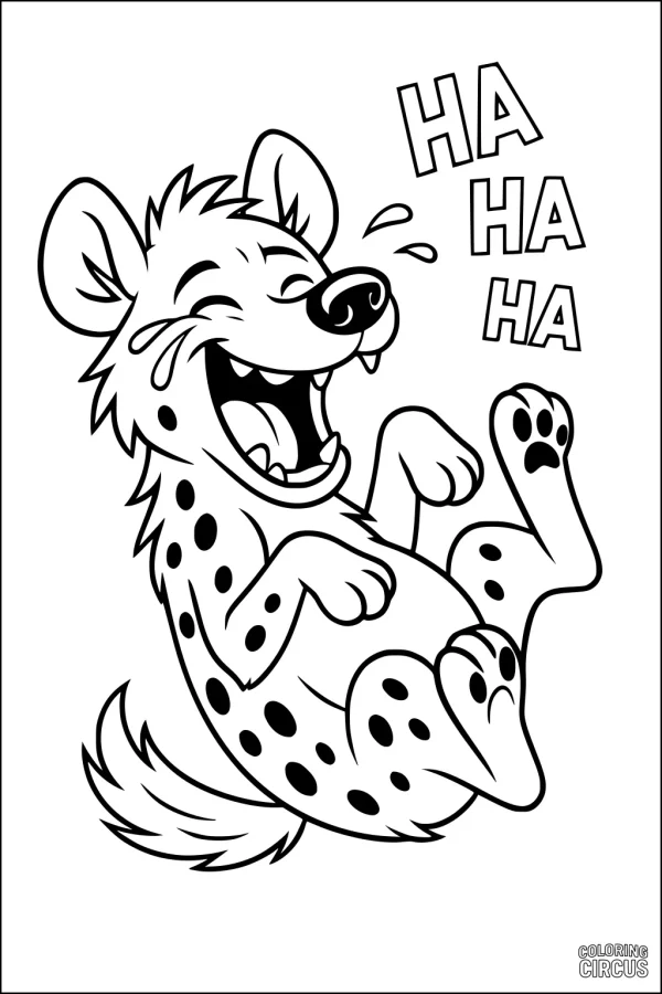 Coloring page featuring a cartoon hyena laughing and rolling on its back