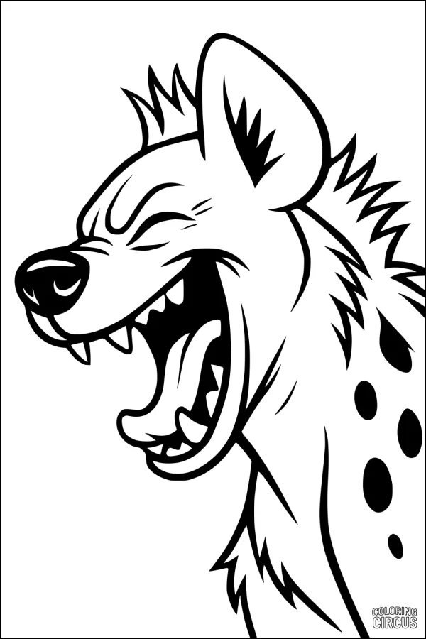 Coloring page hyena head laughing with open mouth and spotted fur