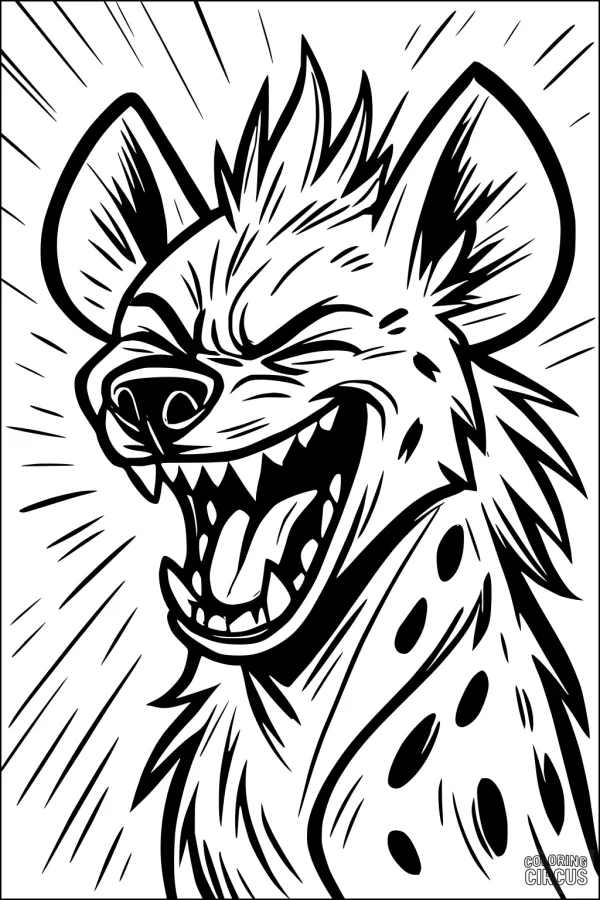Coloring page of a laughing hyena with spots and a wide open mouth inspired by the African savanna