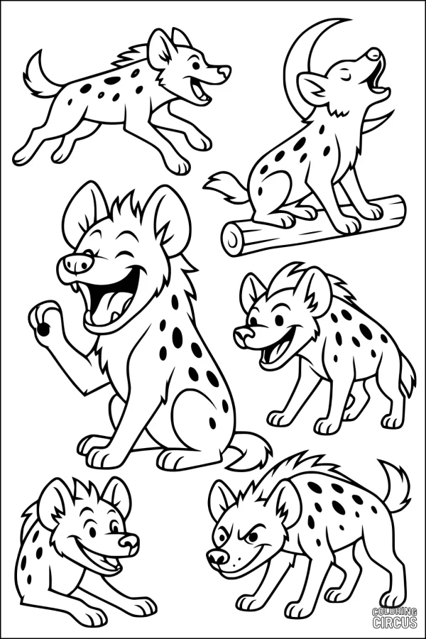 Coloring page featuring six cute cartoon hyenas with playful and howling poses under a crescent moon.