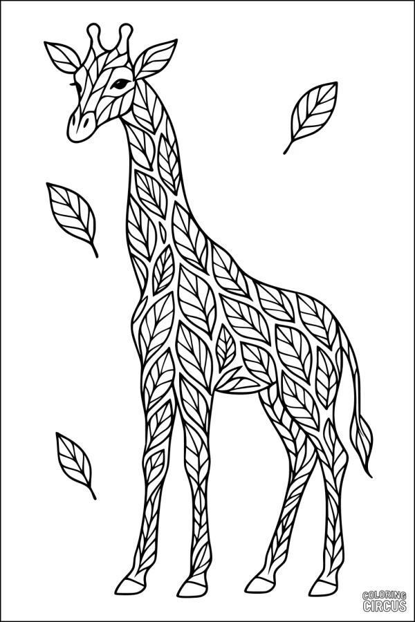 Coloring page featuring a giraffe with leaf-shaped patterns and swirling leaves
