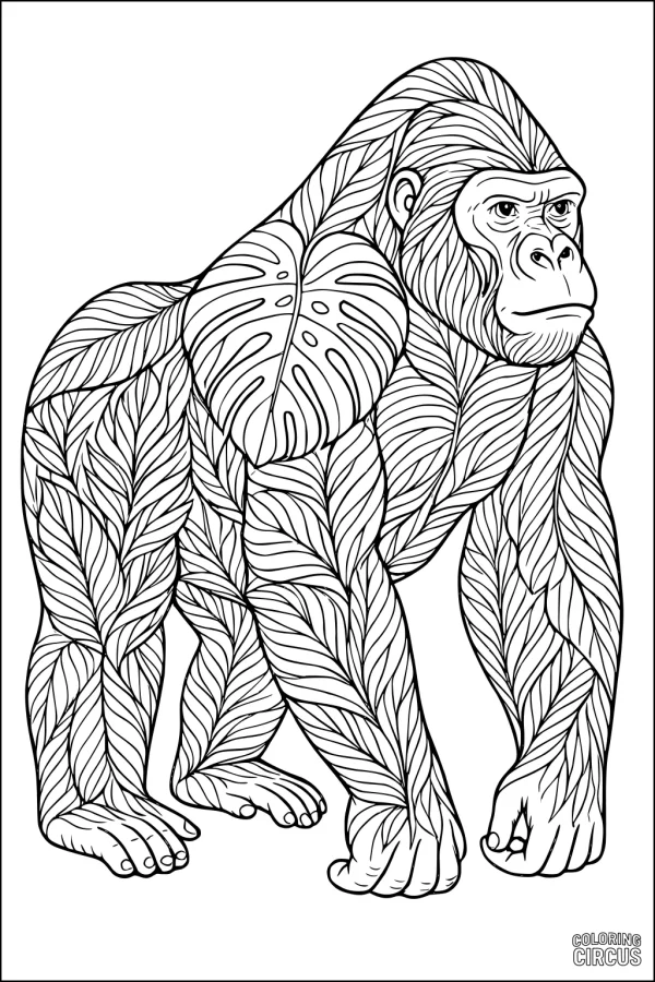 Coloring page featuring a detailed gorilla with intricate leaf patterns in its fur, perfect for children and adults.