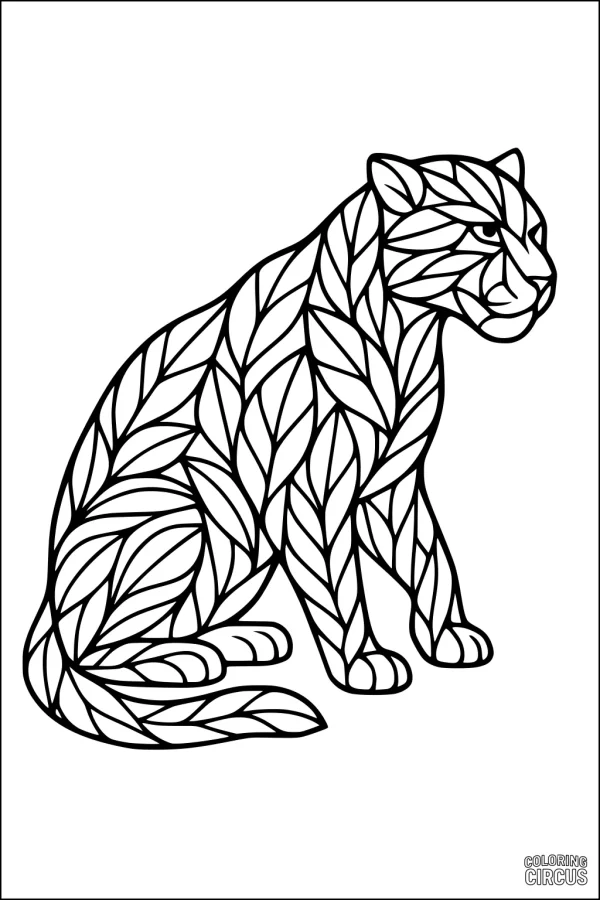 Coloring page of a jaguar with a body composed of leaf patterns