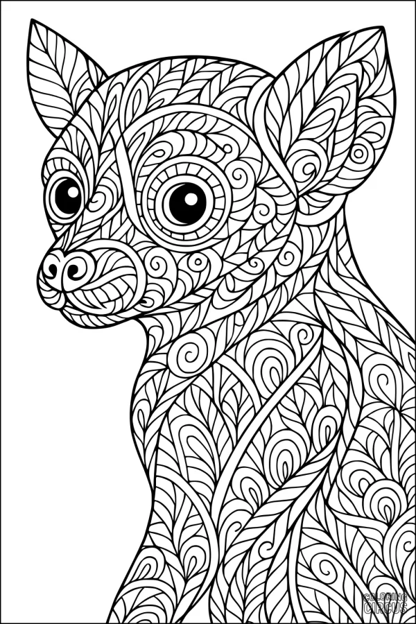 Coloring page of a detailed lemur with intricate leafy patterns for kids and adults