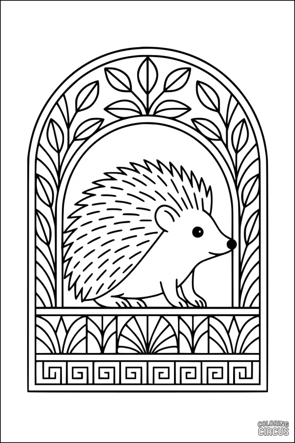 Coloring page showing a cute hedgehog framed by decorative leaves and geometric patterns