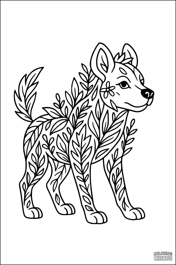 Coloring page of a whimsical hyena with plant and leaf patterns for children