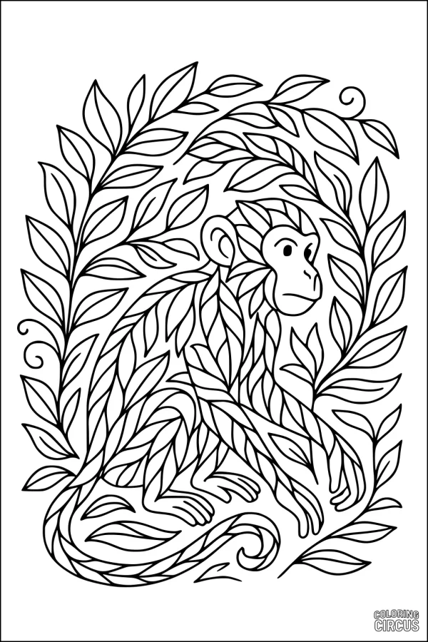 Coloring page with a patterned monkey surrounded by swirling jungle leaves