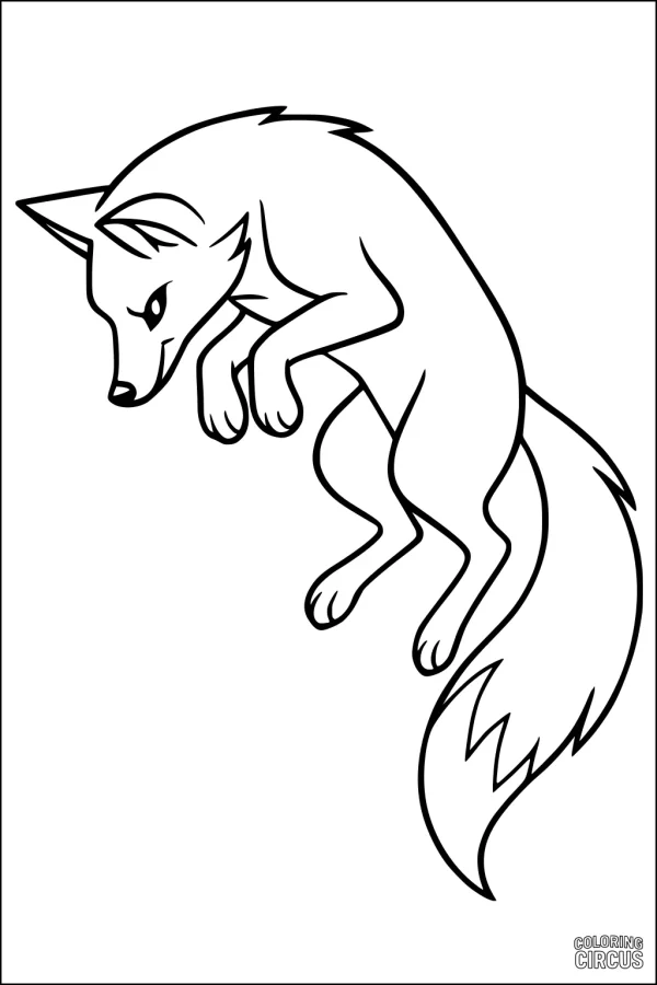 Coloring page of a playful fox leaping through the air, suitable for young children and nature scenes.
