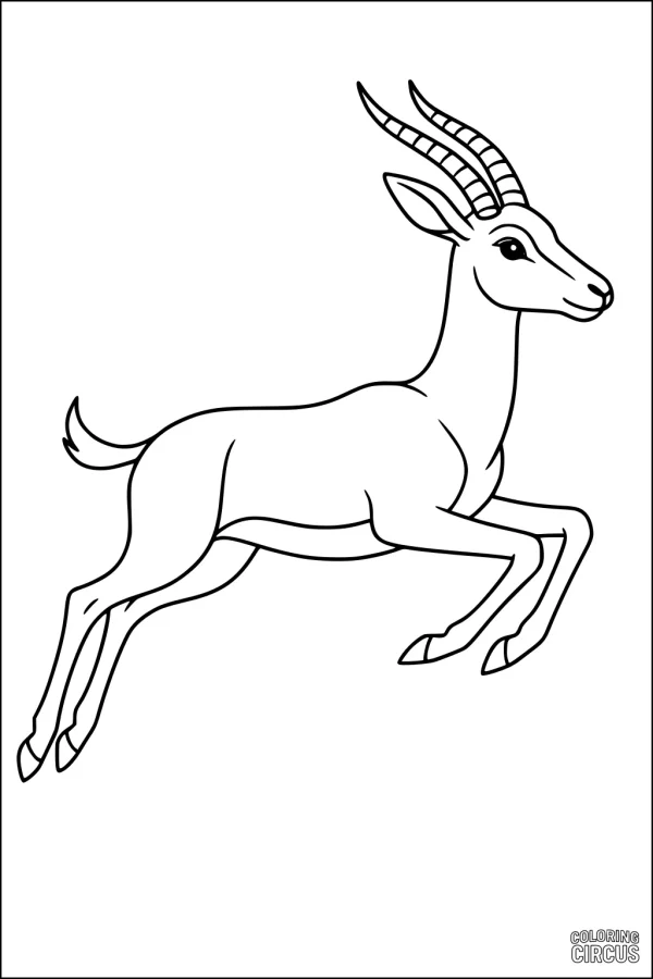 Coloring page of a leaping gazelle with curved horns, ideal for kids interested in African animals.