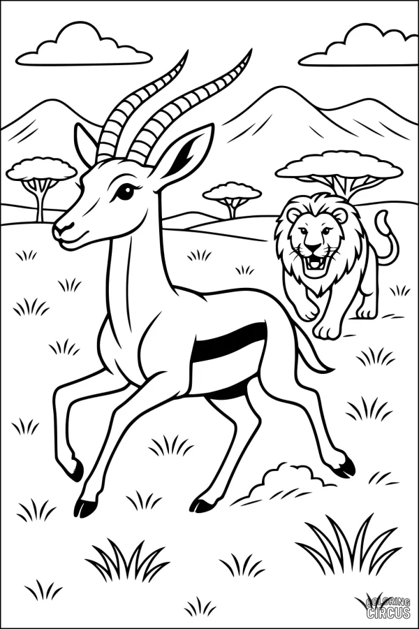 Coloring page featuring a gazelle running with a lion in the African savanna, mountains and acacia trees in background