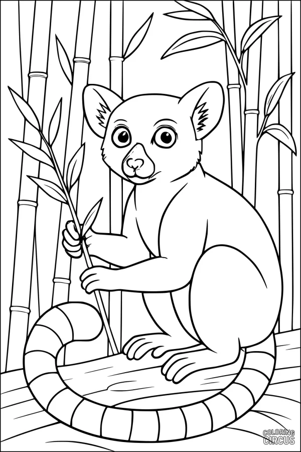 Coloring page of a lemur sitting among bamboo stems holding a leafy branch