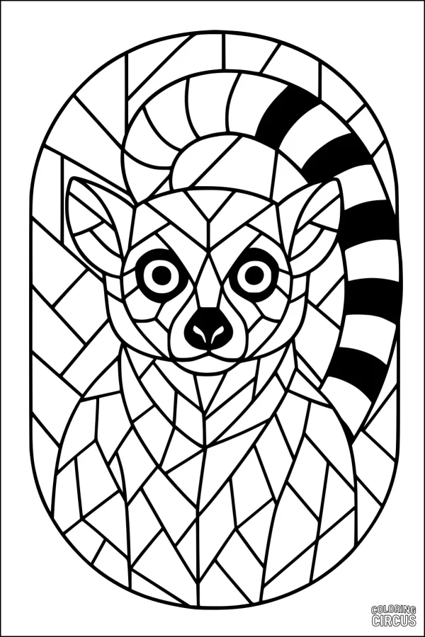 Coloring page of a geometric-patterned lemur with striped tail