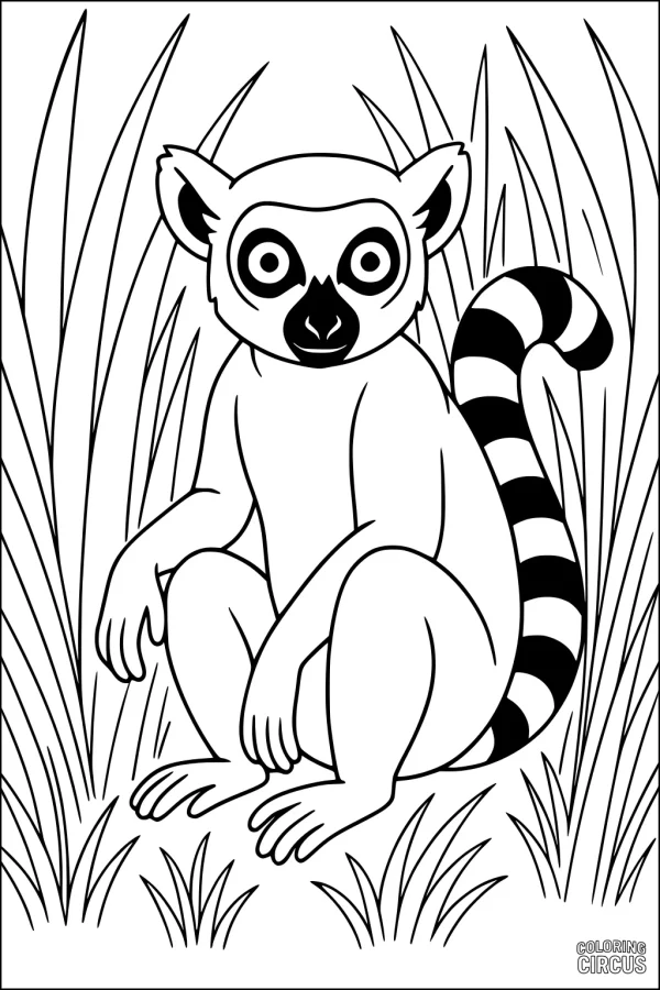 Coloring page featuring a ring-tailed lemur sitting in tall grass with a curled striped tail