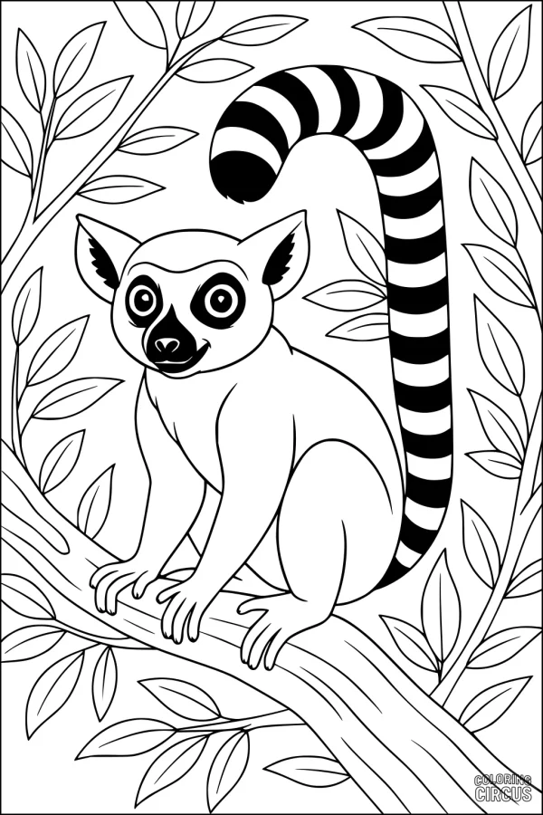 Coloring page of a ring-tailed lemur sitting on a tree branch, surrounded by leafy branches, designed for kids.