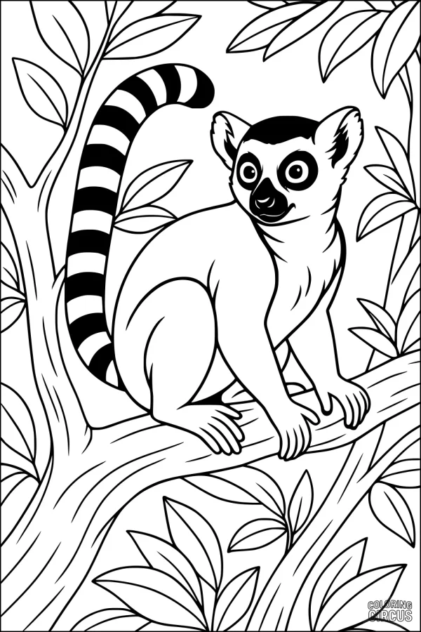 Coloring page featuring a ring-tailed lemur sitting on a tree branch surrounded by leaves