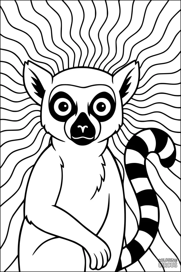 Coloring page featuring a lemur with big eyes and striped tail, surrounded by wavy rays