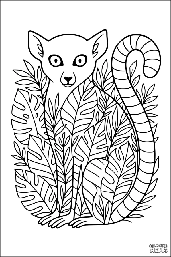 Coloring page of a lemur peeking out from behind large jungle leaves with a curled striped tail
