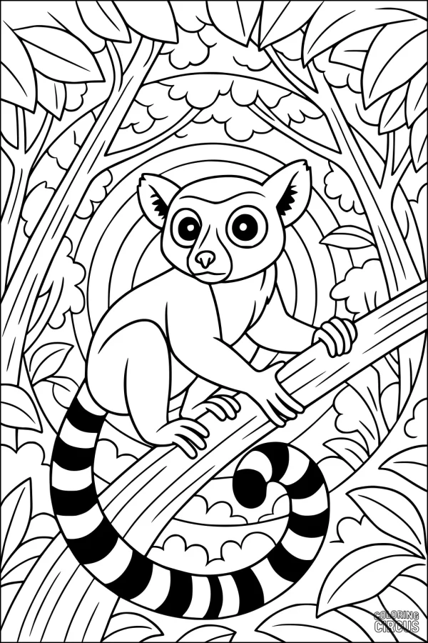Coloring page featuring a lemur sitting on a branch with a leafy jungle background
