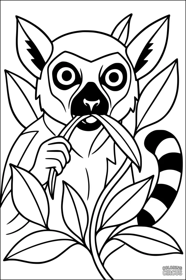 Coloring page with a cartoon lemur eating leaves surrounded by foliage